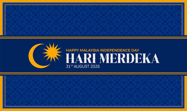 Luxury Malaysia Hari Merdeka 2026 banner featuring Bunga Raya Batik Pattern in patriotic blue yellow color. Malaysia national identity vector illustrartion.