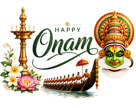 Happy onam typography logo concept on background.