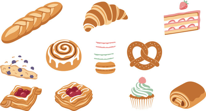 Bakery bread and pastry vector set with delicious croissant cupcake pretzel cake illustration elements