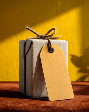 Rustic Gift Box with Blank Tag for Customization on Vibrant Yellow Background