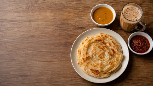 Close up top view of flaky Malaysian roti canai on a white plate with dhal curry and sambal in small plain bowls, glass of teh tarik drink on wooden table