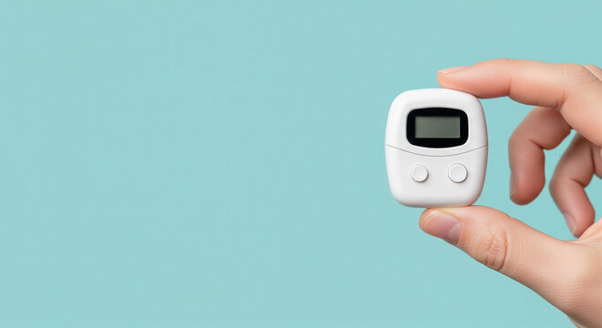 Compact white digital pedometer held by a hand on a light blue background, a small fitness tracker for daily steps, health monitoring, and active lifestyle promotion.