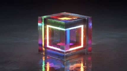 Obraz premium Glowing futuristic glass cube with vibrant neon light effects.