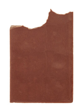 Bitten chocolate bar from the back side isolated on transparent background. Close-up sweet snack with visible bite mark and plain rear surface