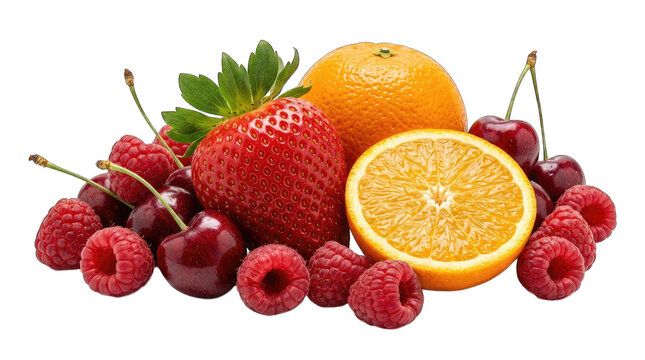 Fresh fruit arrangement strawberries raspberries cherries and orange on black background