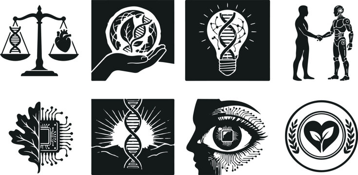Black and white conceptual icons representing biotechnology, artificial intelligence, genetic ethics, human augmentation, and the intersection of nature and technology