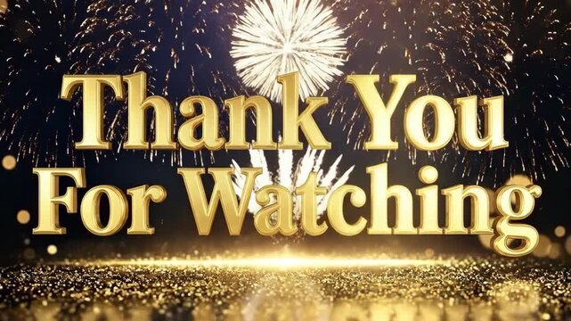 Thank You For Watching Golden Text with Fireworks Celebration Background. YouTube Outro End Screen Animation, Video Finale, and Sparkling Gold Glitter Bokeh Concept.