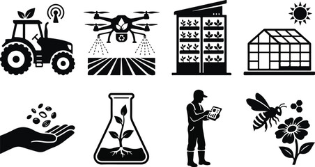 Fototapeta premium Comprehensive collection of smart agriculture and agritech icons featuring drones vertical farming biotechnology automated tractors and digital farming solutions