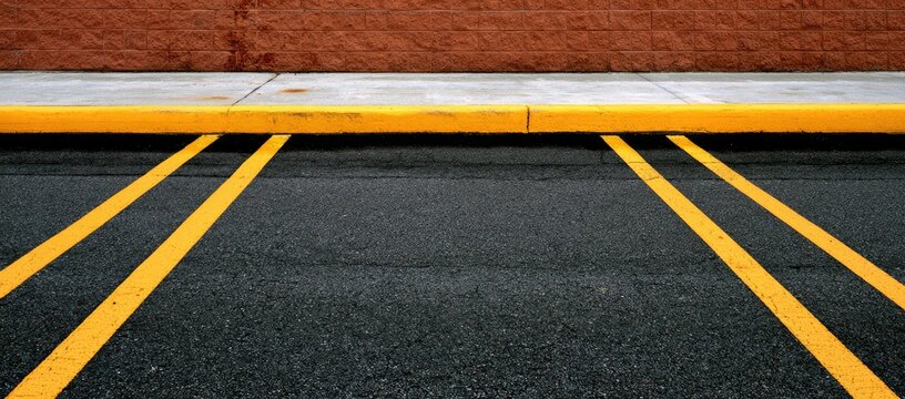 Yellow lines mark parking spaces along a brick wall