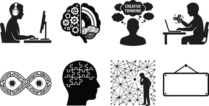 Comprehensive collection of neurodiversity and mental health icons featuring autism awareness symbols ADHD fidget spinner creative thinking and cognitive brain gears