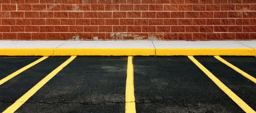 Empty parking lot with yellow lines against a brick wall
