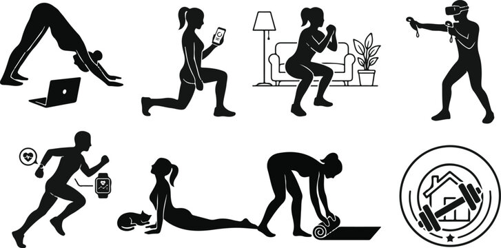 Comprehensive set of home workout silhouettes featuring people practicing yoga squats virtual reality fitness and tracking health with technology.