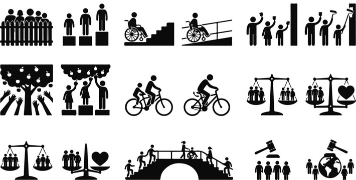 Large icon set illustrating concepts of equity versus equality accessibility social justice diversity inclusion and community support in silhouette style