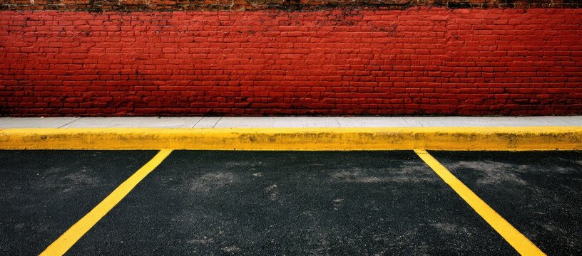 Empty parking lot with yellow lines against a textured red brick wall
