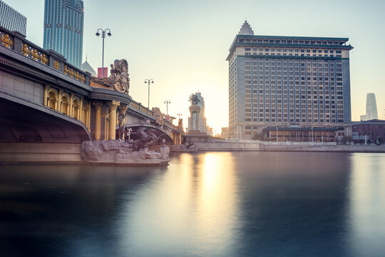 Guangming Bridge Tianjin at Sunset with Modern Skyline