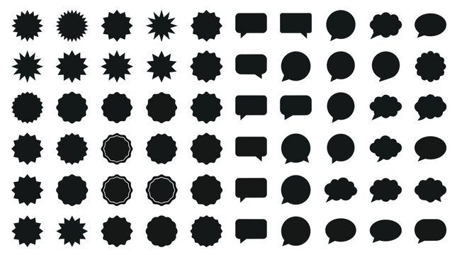 Starburst badges and speech bubbles minimalist vector silhouette collection for e-commerce marketing