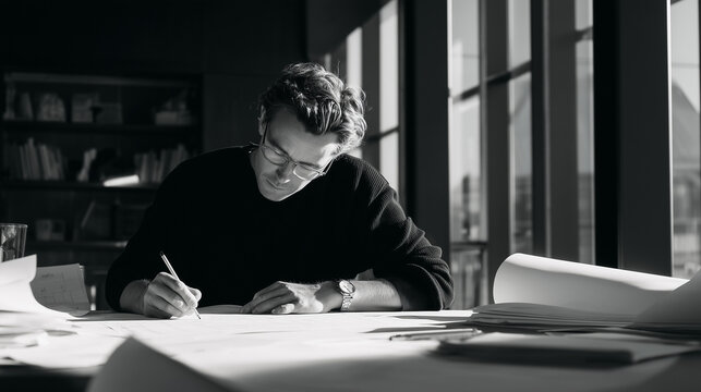 Monochrome portrait of architect working on plans at desk by studio windows, focused design professional concept, editorial business photography with copy space