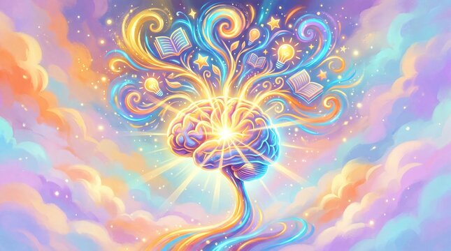 abstract enlightenment illustration, colorful watercolor background with a human brain full of knowledge