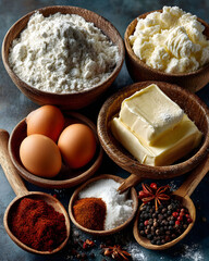 Fototapeta premium Baking Essentials: Flour, Eggs, Butter, and Spices for Homemade Recipes