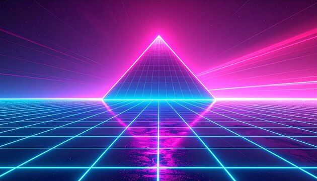 Abstract Neon Gradient Pyramid on a 3D Perspective Grid Floor with Glowing Lines and Stars, Retro Futuristic Digital Background