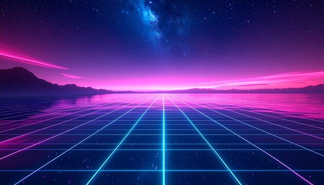 Abstract Neon Gradient Perspective Grid Background with Starry Sky and Mountain Horizon, Vibrant Retro Futurism Digital Art