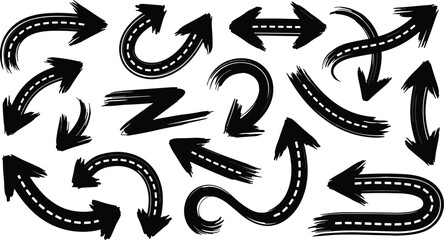 Diverse Collection of Black Hand- Drawn Arrow Icons with Road Markings direction sign © Maru