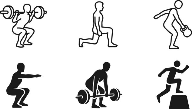 Fitness workout icons squat lunge kettlebell deadlift box jump outline and solid exercise
