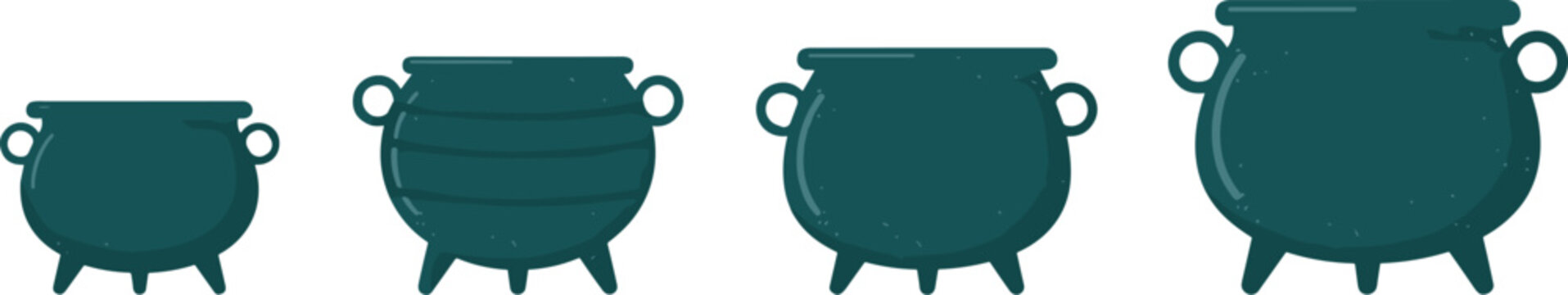 Four Cartoon Style Teal Cauldrons of Varying Sizes on White Background kettle cooking pot