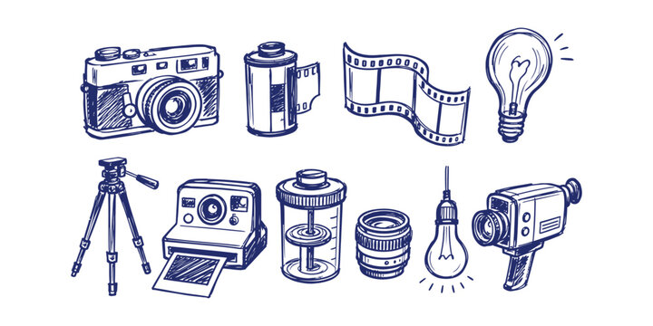 retro photography elements and analog camera equipment doodle icon set with vintage camera film roll canister tripod instant camera developing tank lens lightbulb and movie camcorder vector illustrati
