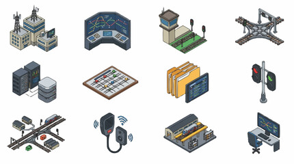 Isometric digital icons representing railway control systems and infrastructure elements. © Lucas