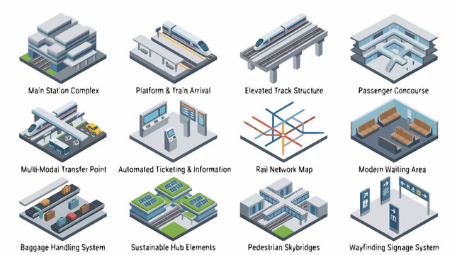 Isometric illustration of modern transportation hub elements and infrastructure.