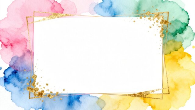 Colorful watercolor frame with gold glitter