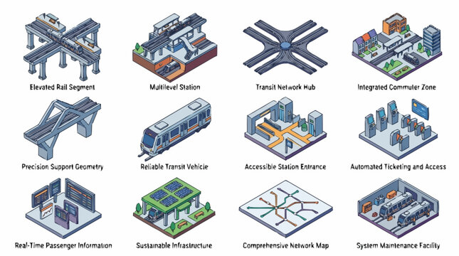 Isometric illustration of modern urban transportation systems and infrastructure elements.