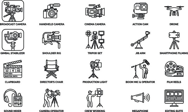 Vector line icon set of film production video equipment cinema studio elements camera stabilizer media broadcasting and movie editing widgets