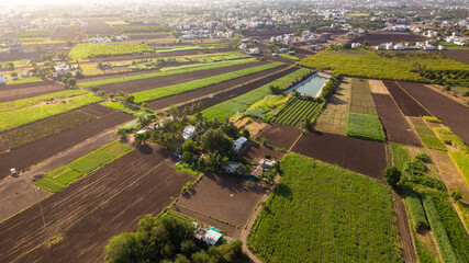 Aerial patchwork of cultivated farmland fields bathed in warm golden hour light © VisualTreat12