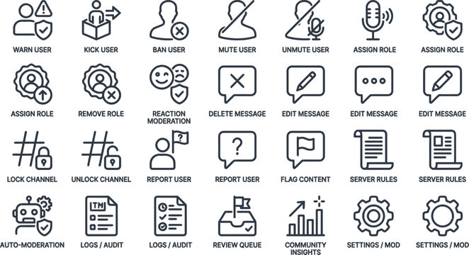 Vector line icon set of community moderation tools server management elements user administration channel permissions chat compliance and safety controls widgets