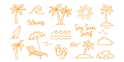 Obraz premium Set of cute summer beach icons with palm trees sun and surfboard in colorful line art style