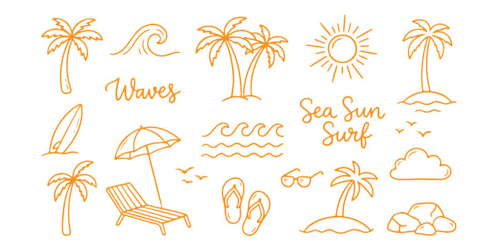 Set of cute summer beach icons with palm trees sun and surfboard in colorful line art style