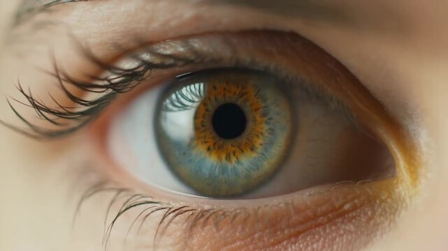 Macro close-up of a human eye with vibrant blue and golden iris patterns, showcasing intricate details, natural texture, and the beauty of human vision