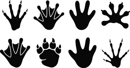 Fototapeta premium Silhouette illustration of animal footprints including bird tracks, mammal paw prints, reptile claws, and webbed feet