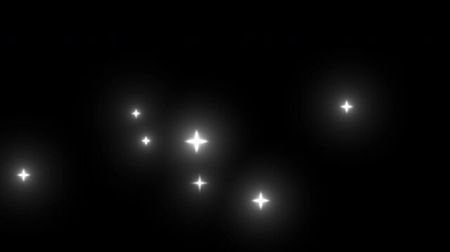 A sequence of frames showing bright stars twinkling and moving against a black background, creating a dynamic starfield effect. Suitable for use in space, astronomy, or magical themes.