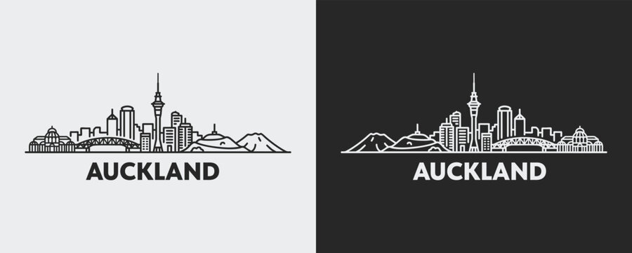 Auckland New Zealand Skyline Line Art Set