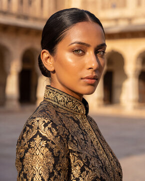 Luxury fashion portrait of elegant woman wearing ornate gold embroidered traditional inspired garment in historic palace architecture with sophisticated beauty and couture styling