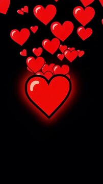 Floating red hearts on a black background, vertical video featuring romantic love symbols, elegant motion, glowing atmosphere and Valentine's Day concept