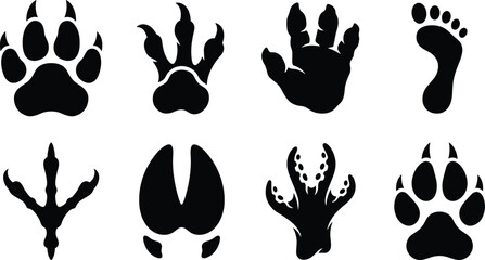 Fototapeta premium Silhouette illustration of diverse animal footprints including bird, hoof, paw, reptile, and aquatic tracks