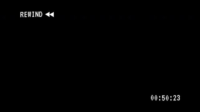 Black screen displaying rewind vhs interface with timecode and static