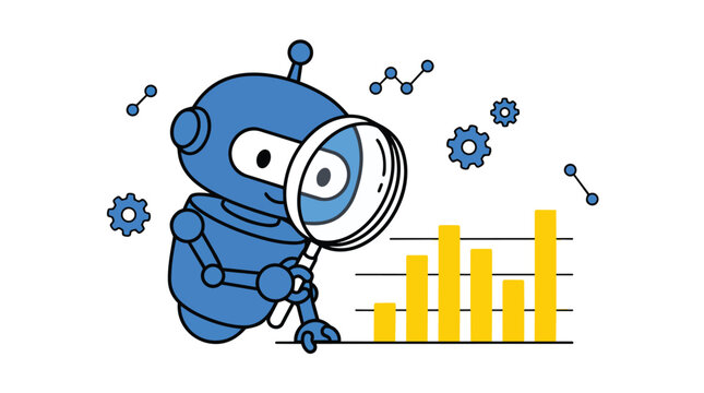Ai data auditing robot examining statistical bar charts in clean minimalist vector for business performance tracking
