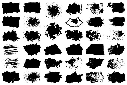 Diverse collection of black ink splatter and grunge texture shapes on white background.