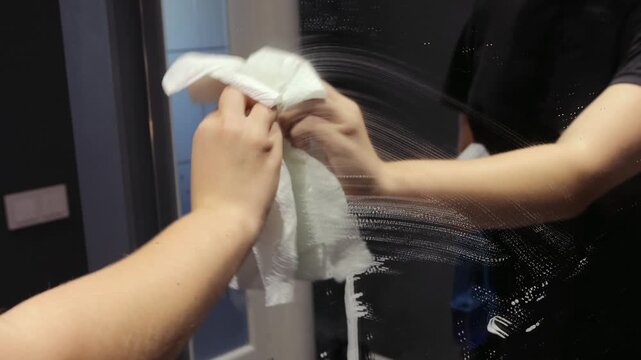 Handheld close-up shows a teenager cleaning a hallway mirror with spray and a paper towel as part of an everyday home cleaning routine.