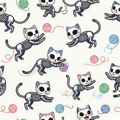 Obraz premium Cute skeleton cats playing with yarn balls in a seamless pattern design perfect for halloween decorations and spooky-themed backgrounds.